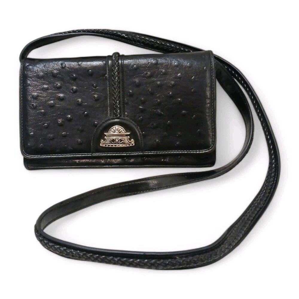 Ostrich Leather Wallet on a Chain Crossbody Purse Clutch Black Silver Removable